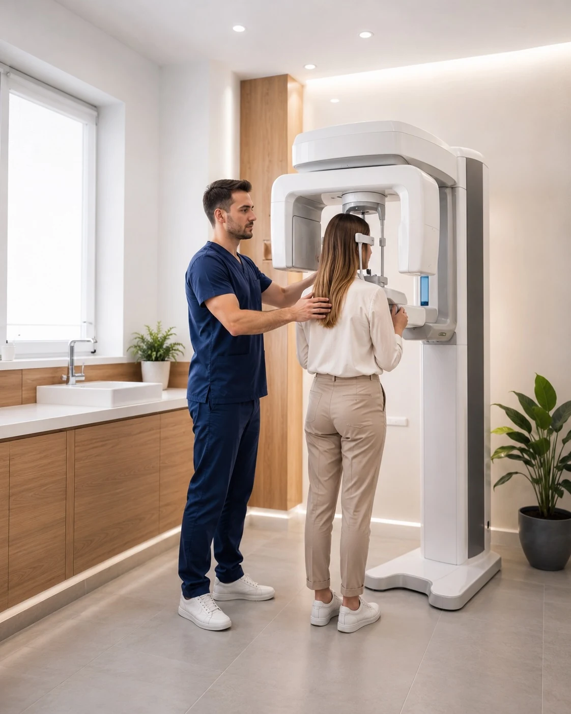 Medic poziționând un pacient pentru o radiografie panoramică digitală la Elite BioDental Vaslui.